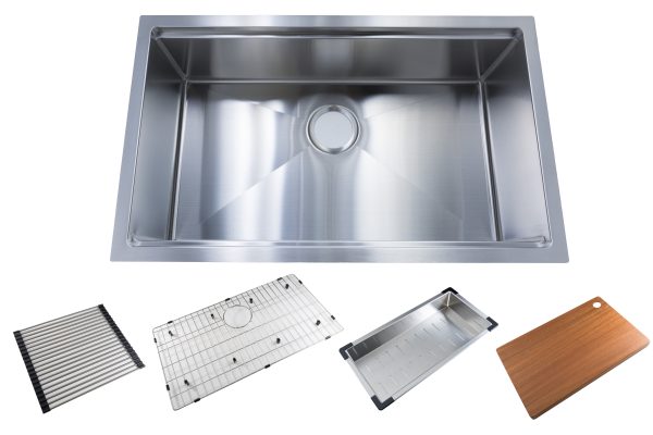 Stainless steel undermount kitchen sink with included metal grid, wire strainer, colander, and wooden cutting board accessories