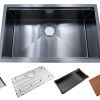 Stainless steel single basin undermount sink with multiple accessories including grid, strainer, cutting board, and colander