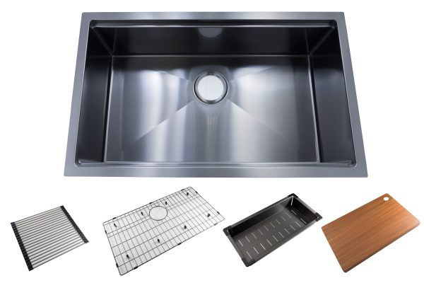 Stainless steel single basin undermount sink with multiple accessories including grid, strainer, cutting board, and colander