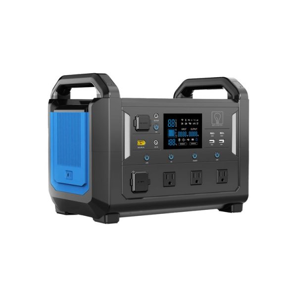 1200-2+copy Compact portable power station with blue removable battery pack and digital control panel with multiple outlets