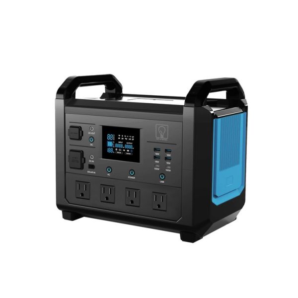 1600-1+copy Portable power station with black and gray design, featuring digital display, multiple AC outlets, USB ports, and blue battery panel on the side with carrying handles