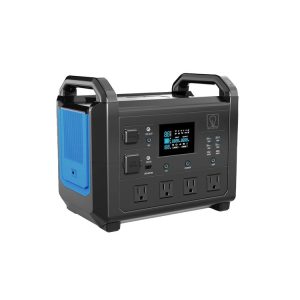 Compact portable power station with blue battery panel, digital screen showing power readings, multiple outlets and USB ports, designed for mobile charging