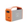 Orange and gray portable power station with carrying handle, digital display screen, and multiple AC outlets for home backup power
