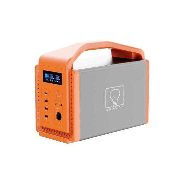 Orange and gray portable power station with carrying handle, digital display screen, and multiple AC outlets for home backup power