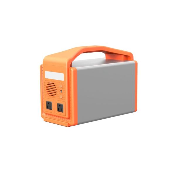 Orange and gray portable power station with carrying handle and AC outlets