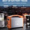 Best of Battery TB600 portable power station with 556Wh capacity, 600W output power, and 9 output ports, displayed outdoors powering blender, coffee maker, and other appliances