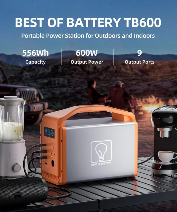 Best of Battery TB600 portable power station with 556Wh capacity, 600W output power, and 9 output ports, displayed outdoors powering blender, coffee maker, and other appliances