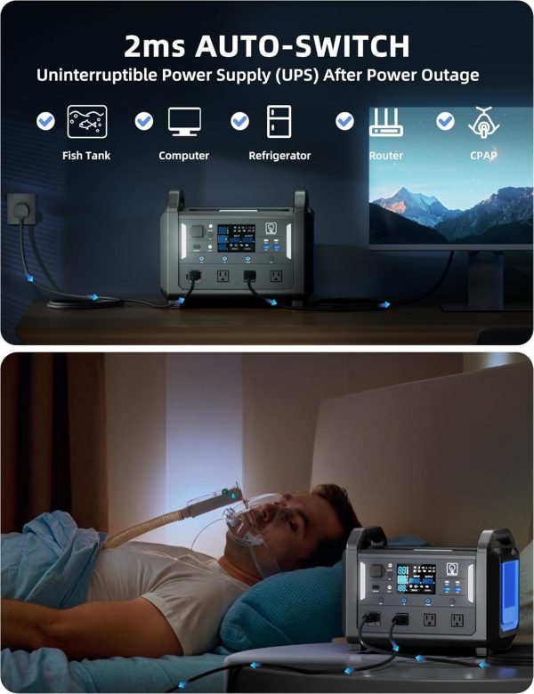 712poSInQYL._AC_SL1500_ Portable power station with 2ms auto-switch UPS feature for uninterruptible power supply during outages, powering fish tank, computer, refrigerator, router, and CPAP device