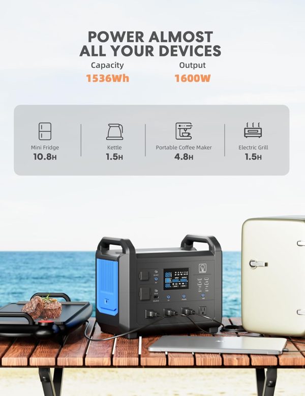 719vqYsRoKL._AC_SL1500_ Portable power station with 1536Wh capacity and 1600W output displaying runtime for mini fridge, kettle, coffee maker and electric grill