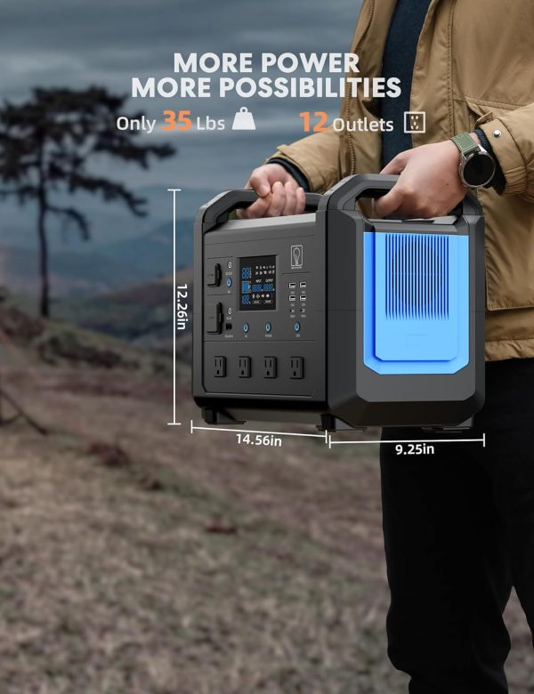 71aX2miYm7L._AC_SL1500_ Person holding portable power station weighing 35 lbs with 12 outlets, measuring 14.56 inches wide and 12.26 inches tall, shown outdoors with nature landscape background