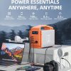 Portable power station with orange and white design showing runtime specs for charging camera 35 times, phone 55 times, powering mini fan for 100 hours, mini fridge for 8.3 hours, and slow cooker for 2.5 hours, displayed with laptop, drone, smartphone, camera, and fan