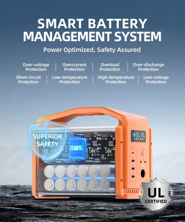 Orange portable power station with transparent battery view displaying smart battery management system with 8 safety protections including over-voltage, overcurrent, overload, over-discharge, short-circuit, low-temperature, high-temperature, and low-voltage protection with UL certification badge