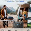 81AwEVd6OZL._AC_SL1500_ Portable power station with 1200W output and 2400W peak power demonstrating usage with camping grill and RV, showing runtime examples for TV, electric skillet, mini fridge, laptop, and fan