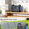 81Wj5zJRLkL._AC_SL1500_ Portable power station on wooden shelf with 900W AC Turbo-Charge, 1.5 hour recharge time, and solar panel charging setup on grass