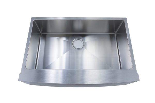 Single bowl stainless steel farmhouse apron sink with curved front and drain hole