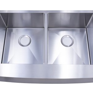Double bowl stainless steel farmhouse apron sink with two equal basins and drain holes