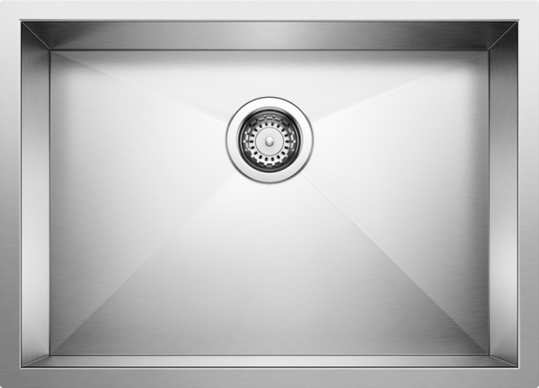 Single bowl stainless steel undermount kitchen sink with wide basin and chrome strainer basket