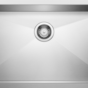 Single bowl stainless steel undermount kitchen sink with polished finish and integrated drain