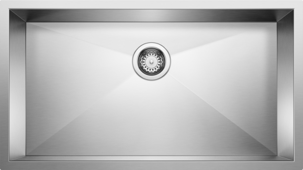 Single bowl stainless steel undermount kitchen sink with polished finish and integrated drain