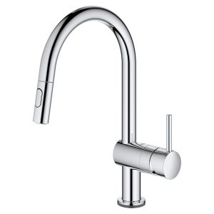 GROHE chrome pull-down kitchen faucet with high arc spout and dual handle design