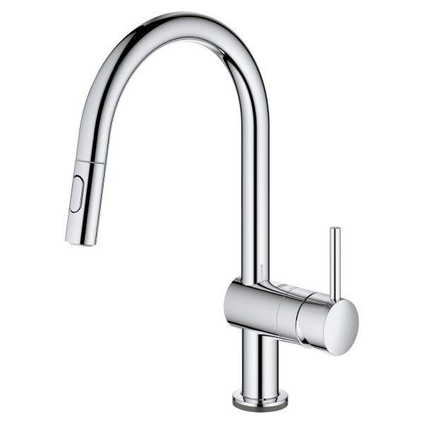 GROHE chrome pull-down kitchen faucet with high arc spout and dual handle design