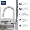 GROHE kitchen faucet with SilkMove technology, StarLight coating, dual spray, Speed Clean, and 360-degree spout rotation features displayed with product information