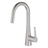 GROHE brushed nickel pull-down kitchen faucet with single lever handle and tall curved spout
