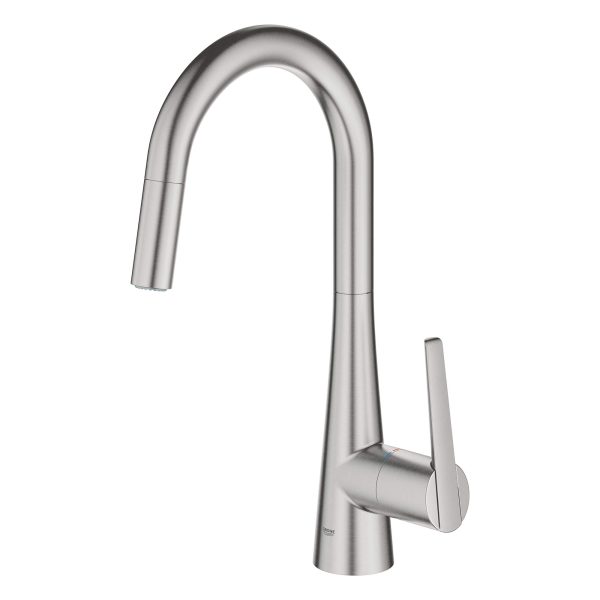 GROHE brushed nickel pull-down kitchen faucet with single lever handle and tall curved spout