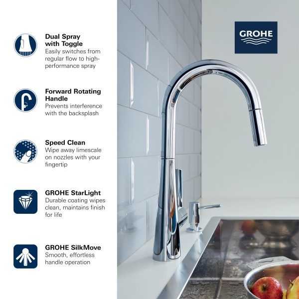 GROHE chrome kitchen faucet with dual spray toggle, forward rotating handle, speed clean, starlight coating and silkmove features