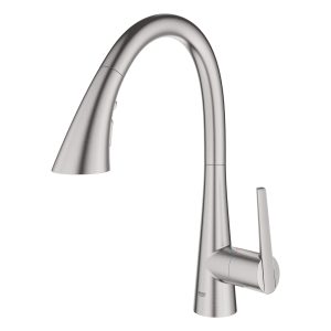 GROHE stainless steel pull-down kitchen faucet with single lever handle and wide curved spout