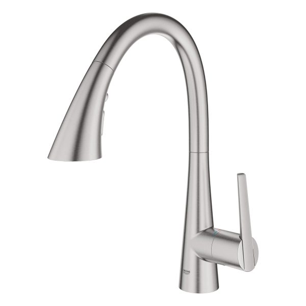 GROHE stainless steel pull-down kitchen faucet with single lever handle and wide curved spout