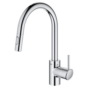 GROHE chrome pull-down kitchen faucet with single lever handle and curved spout