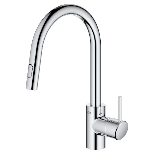 GROHE chrome pull-down kitchen faucet with single lever handle and curved spout