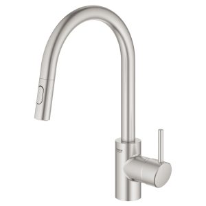 Stainless steel kitchen faucet by Grohe with high arch spout and pulldown spray function