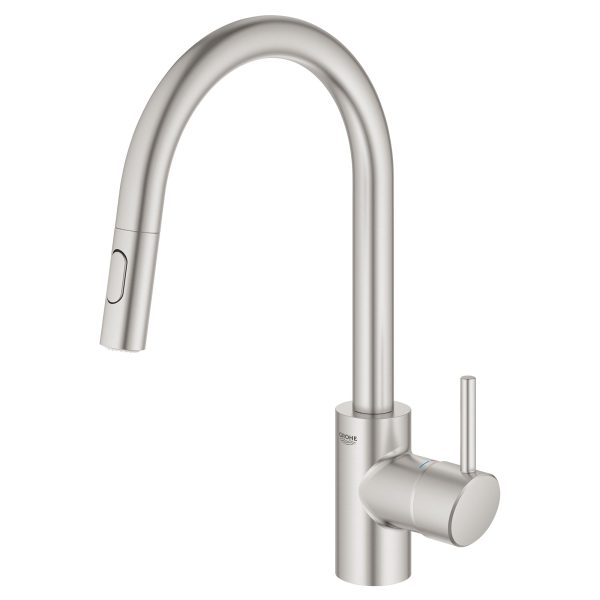 Stainless steel kitchen faucet by Grohe with high arch spout and pulldown spray function