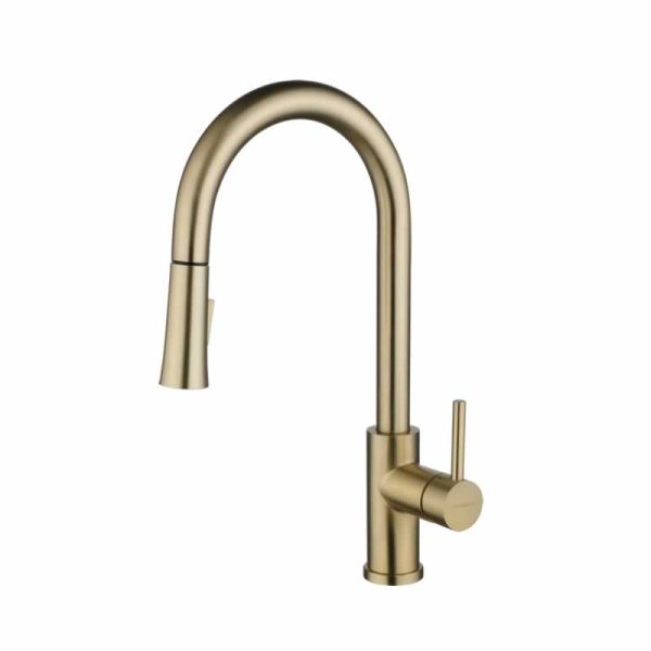 Brushed gold kitchen faucet with tall curved spout and single lever control