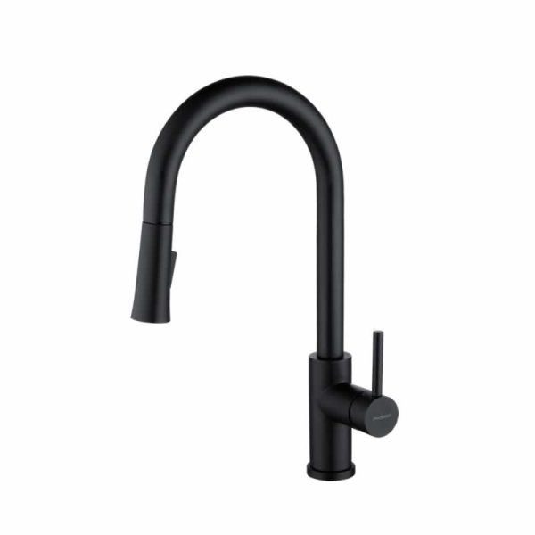 Contemporary black kitchen faucet with high arc spout and pulldown spray head