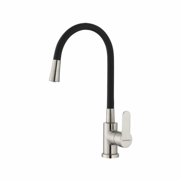 Stainless steel kitchen faucet with black flexible hose and single lever handle