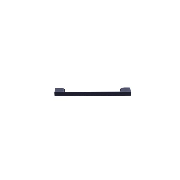 Black rectangular cabinet pull with extended length and square mounting plates