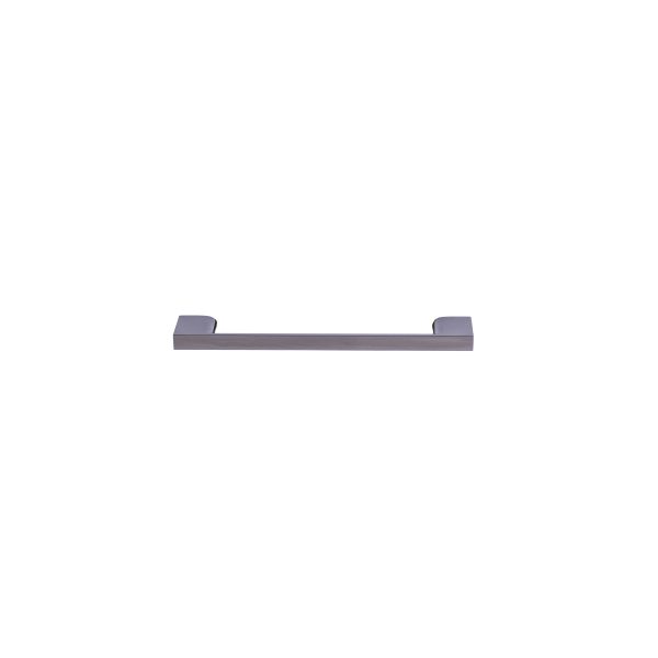 Sleek gray rectangular pull handle with small angled end pieces for cabinet doors