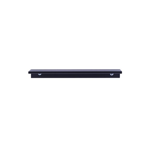 Black metal shelf support bracket with circular mounting holes