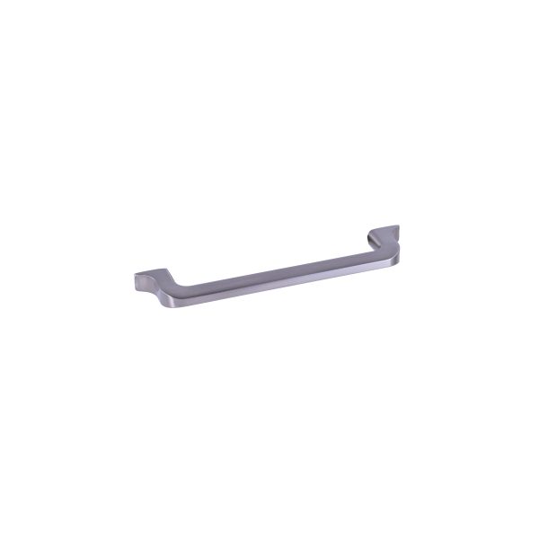 Curved gray metal cabinet pull with ergonomic design and mounting tabs