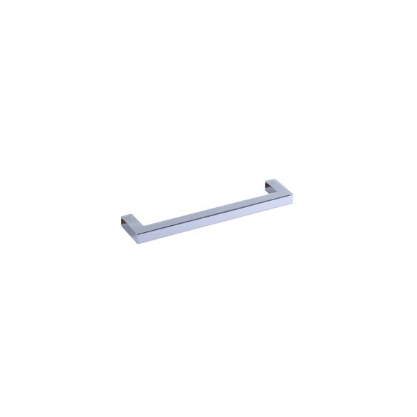 Modern chrome pull handle with square mounting plates on ends