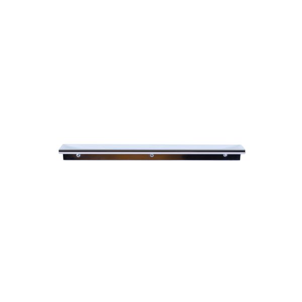Stainless steel vanity countertop with dark wood support bracket and chrome mounting hardware