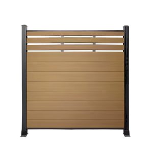 Decorative panel fence section with horizontal wood boards and metal frame featuring geometric perforated inserts