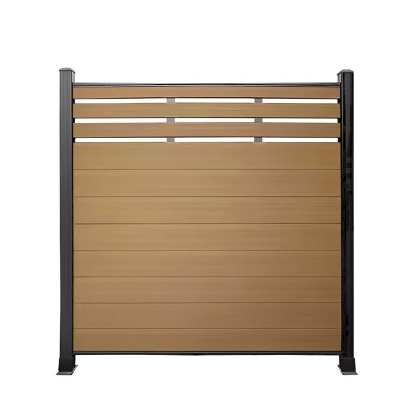 Decorative panel fence section with horizontal wood boards and metal frame featuring geometric perforated inserts
