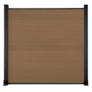 Modern composite fence panel with wood grain finish and black aluminum frame posts