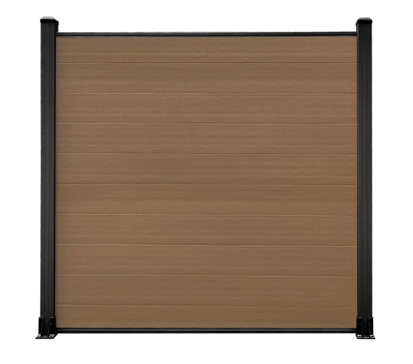 Modern composite fence panel with wood grain finish and black aluminum frame posts