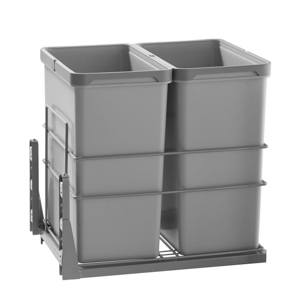 Pull-out dual trash can organizer with two gray plastic waste bins mounted on sliding frame