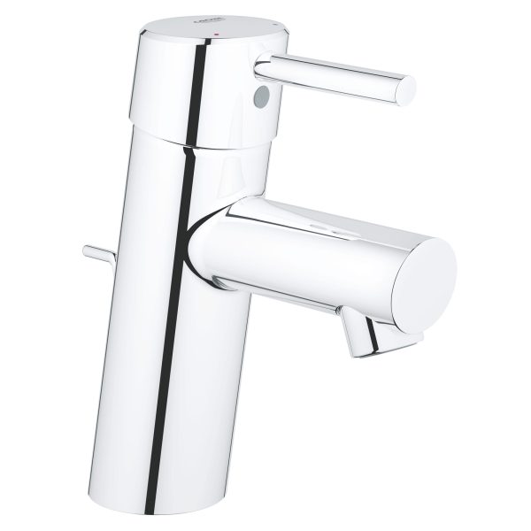 Chrome bathroom faucet with cylindrical body, black accent stripe, and dual handles for single-hole sink installation